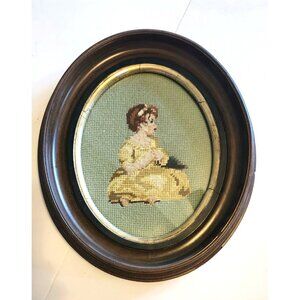 Antique Victorian Style Needlepoint Wall Art In Oval Wooden Frame